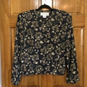 VTG Jones New York Silk W 10 Floral Button Front Blazer Jacket‎ Beige Black